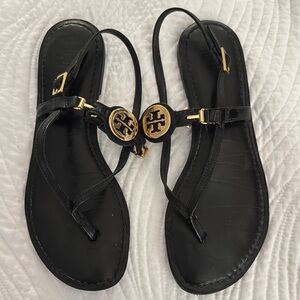 Tory Burch Black and Gold Sandals with Metallic Accents
